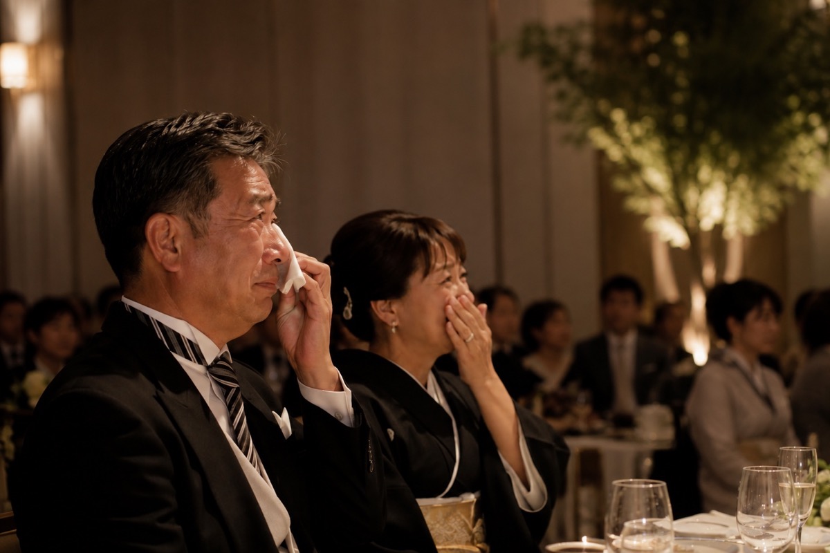 結婚披露宴で感動し涙するご両親のイメージ