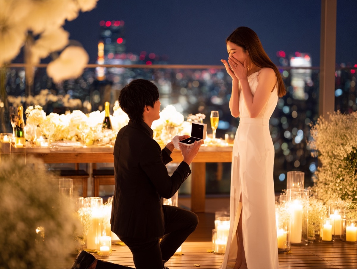夜景を背景にしたプロポーズのイメージ